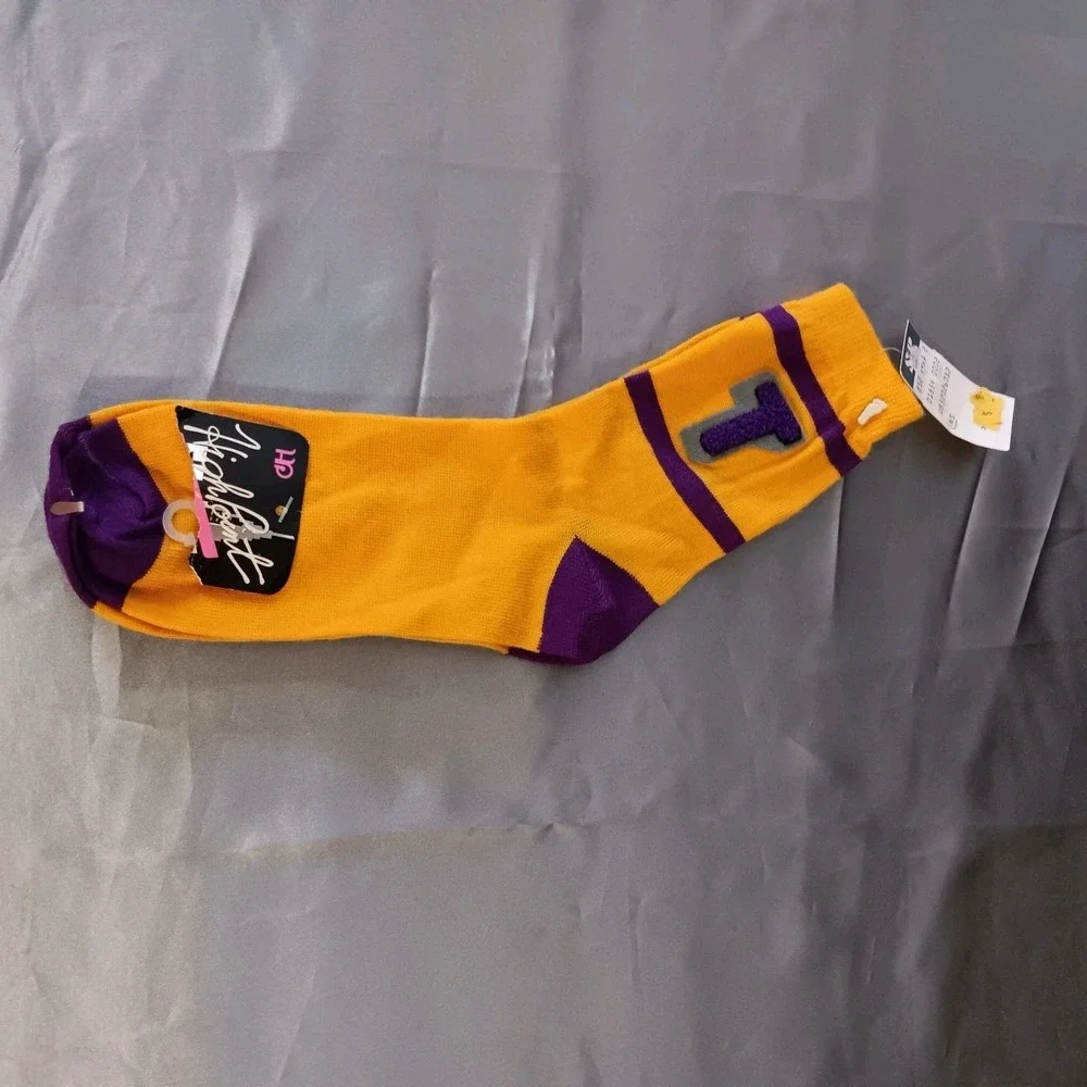 VTG 80s‎ High Point Crew Socks Yellow Purple Letter T NWT Retro Lakers Colors